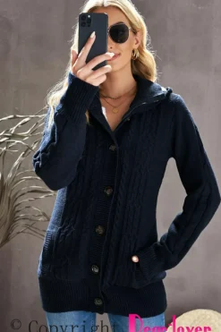 Best Dear-Lover Long Sleeve Button-up Hooded Cardigans Navy Blue