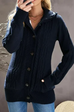 Best Dear-Lover Long Sleeve Button-up Hooded Cardigans Navy Blue