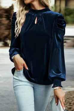 Hot Dear-Lover Mock Neck Puff Sleeve Velvet Blouse Navy Blue