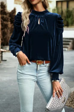 Hot Dear-Lover Mock Neck Puff Sleeve Velvet Blouse Navy Blue