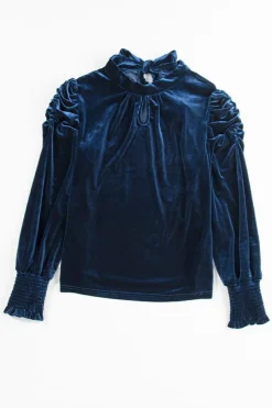 Hot Dear-Lover Mock Neck Puff Sleeve Velvet Blouse Navy Blue