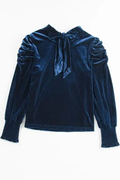 Hot Dear-Lover Mock Neck Puff Sleeve Velvet Blouse Navy Blue