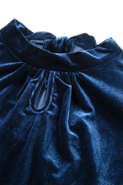 Hot Dear-Lover Mock Neck Puff Sleeve Velvet Blouse Navy Blue