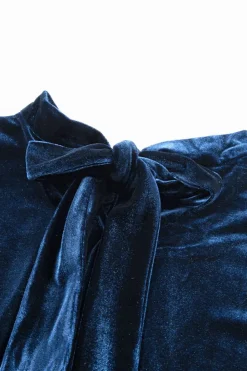 Hot Dear-Lover Mock Neck Puff Sleeve Velvet Blouse Navy Blue