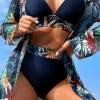 Outlet Dear-Lover 3pcs Tropical Contrast Trim Halter Bikini Set with Cove up Navy Blue