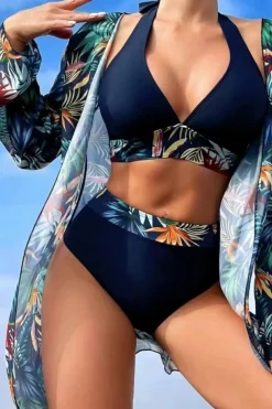 Outlet Dear-Lover 3pcs Tropical Contrast Trim Halter Bikini Set with Cove up Navy Blue