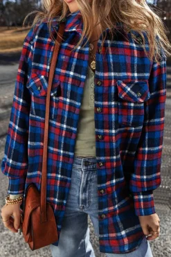 Clearance Dear-Lover Plaid Flap Pocket Button Up Shacket Navy Blue