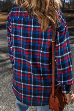 Clearance Dear-Lover Plaid Flap Pocket Button Up Shacket Navy Blue