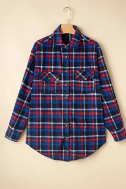 Clearance Dear-Lover Plaid Flap Pocket Button Up Shacket Navy Blue