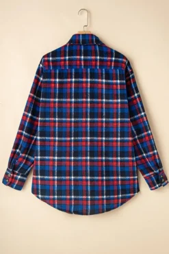 Clearance Dear-Lover Plaid Flap Pocket Button Up Shacket Navy Blue