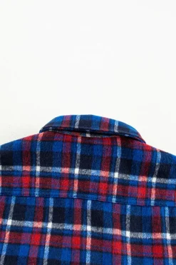 Clearance Dear-Lover Plaid Flap Pocket Button Up Shacket Navy Blue