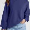 New Dear-Lover Plain Drop Shoulder Crewneck Pullover Sweatshirt Navy Blue