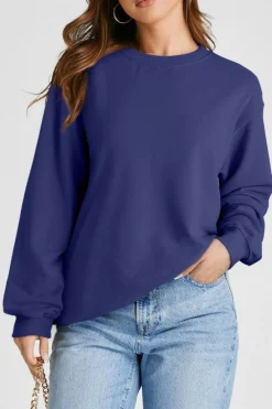 New Dear-Lover Plain Drop Shoulder Crewneck Pullover Sweatshirt Navy Blue