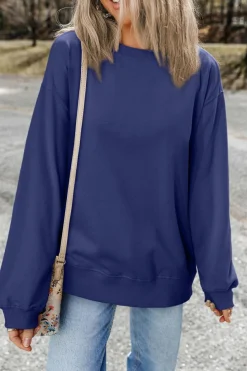 New Dear-Lover Plain Drop Shoulder Crewneck Pullover Sweatshirt Navy Blue