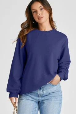New Dear-Lover Plain Drop Shoulder Crewneck Pullover Sweatshirt Navy Blue