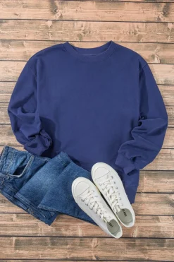 New Dear-Lover Plain Drop Shoulder Crewneck Pullover Sweatshirt Navy Blue