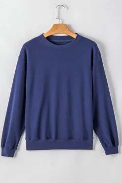 New Dear-Lover Plain Drop Shoulder Crewneck Pullover Sweatshirt Navy Blue