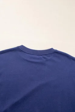 New Dear-Lover Plain Drop Shoulder Crewneck Pullover Sweatshirt Navy Blue