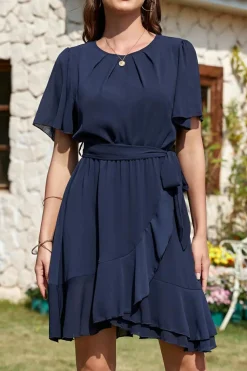 Clearance Dear-Lover Pleated Round Neck Butterfly Sleeve Ruffle Trim Belted Mini Dress Navy Blue