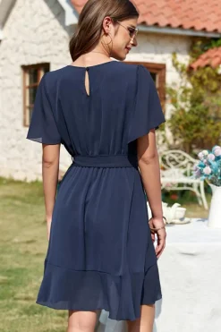 Clearance Dear-Lover Pleated Round Neck Butterfly Sleeve Ruffle Trim Belted Mini Dress Navy Blue