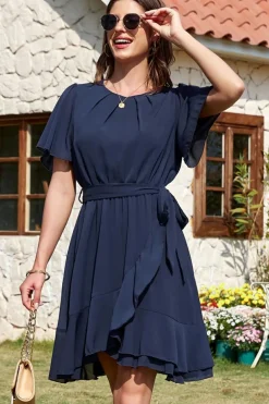 Clearance Dear-Lover Pleated Round Neck Butterfly Sleeve Ruffle Trim Belted Mini Dress Navy Blue