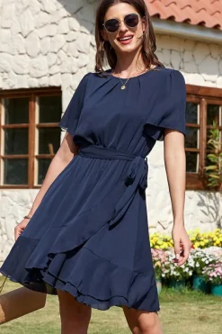 Clearance Dear-Lover Pleated Round Neck Butterfly Sleeve Ruffle Trim Belted Mini Dress Navy Blue