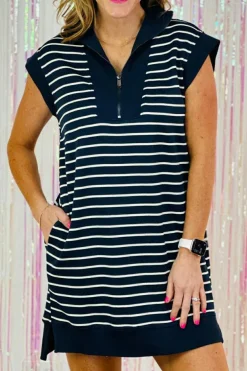 Hot Dear-Lover Quarter Zip Collared Cap Sleeve Mini Dress Navy Blue