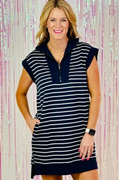 Hot Dear-Lover Quarter Zip Collared Cap Sleeve Mini Dress Navy Blue