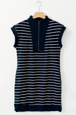 Hot Dear-Lover Quarter Zip Collared Cap Sleeve Mini Dress Navy Blue