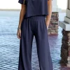 Hot Dear-Lover Raw Hem Loose Tee and Wide Leg Pants Set Navy Blue