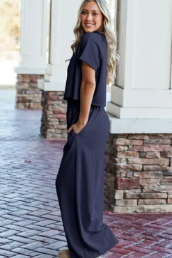 Hot Dear-Lover Raw Hem Loose Tee and Wide Leg Pants Set Navy Blue