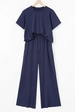 Hot Dear-Lover Raw Hem Loose Tee and Wide Leg Pants Set Navy Blue