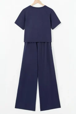 Hot Dear-Lover Raw Hem Loose Tee and Wide Leg Pants Set Navy Blue
