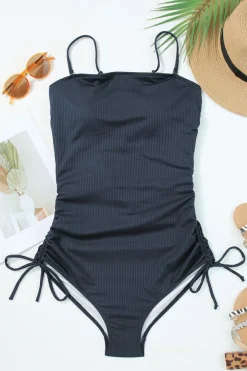 New Dear-Lover Ribbed Drawstring Sides Cutout One Piece Swimsuit Navy Blue