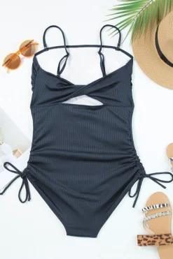 New Dear-Lover Ribbed Drawstring Sides Cutout One Piece Swimsuit Navy Blue