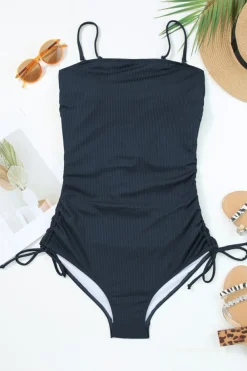 New Dear-Lover Ribbed Drawstring Sides Cutout One Piece Swimsuit Navy Blue