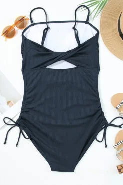 New Dear-Lover Ribbed Drawstring Sides Cutout One Piece Swimsuit Navy Blue