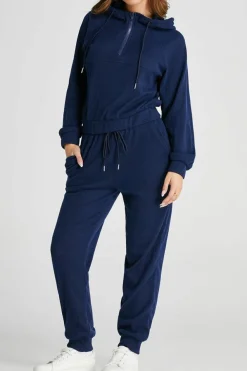 Best Dear-Lover Ribbed Knit Cropped Hoodie and Drawstring Joggers Set Navy Blue