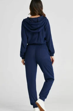 Best Dear-Lover Ribbed Knit Cropped Hoodie and Drawstring Joggers Set Navy Blue