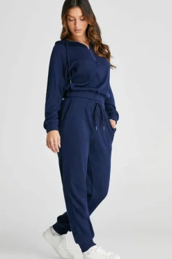 Best Dear-Lover Ribbed Knit Cropped Hoodie and Drawstring Joggers Set Navy Blue