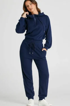 Best Dear-Lover Ribbed Knit Cropped Hoodie and Drawstring Joggers Set Navy Blue