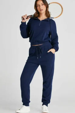 Best Dear-Lover Ribbed Knit Cropped Hoodie and Drawstring Joggers Set Navy Blue