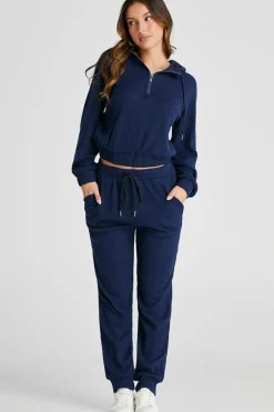 Best Dear-Lover Ribbed Knit Cropped Hoodie and Drawstring Joggers Set Navy Blue