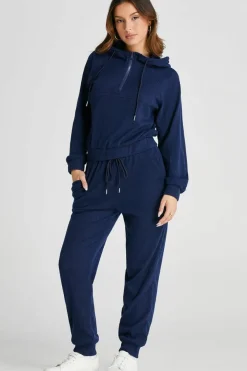 Best Dear-Lover Ribbed Knit Cropped Hoodie and Drawstring Joggers Set Navy Blue