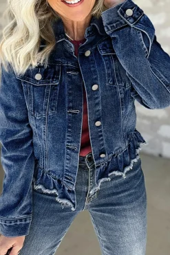 Hot Dear-Lover Ruffle Raw Hem Flap Pockets Denim Jacket Navy Blue