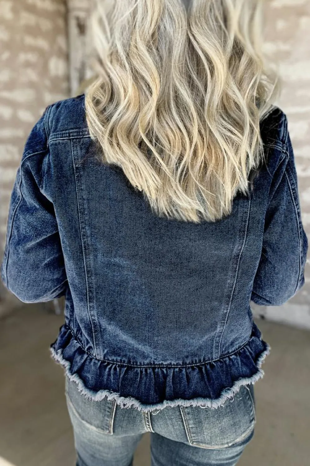 Hot Dear-Lover Ruffle Raw Hem Flap Pockets Denim Jacket Navy Blue