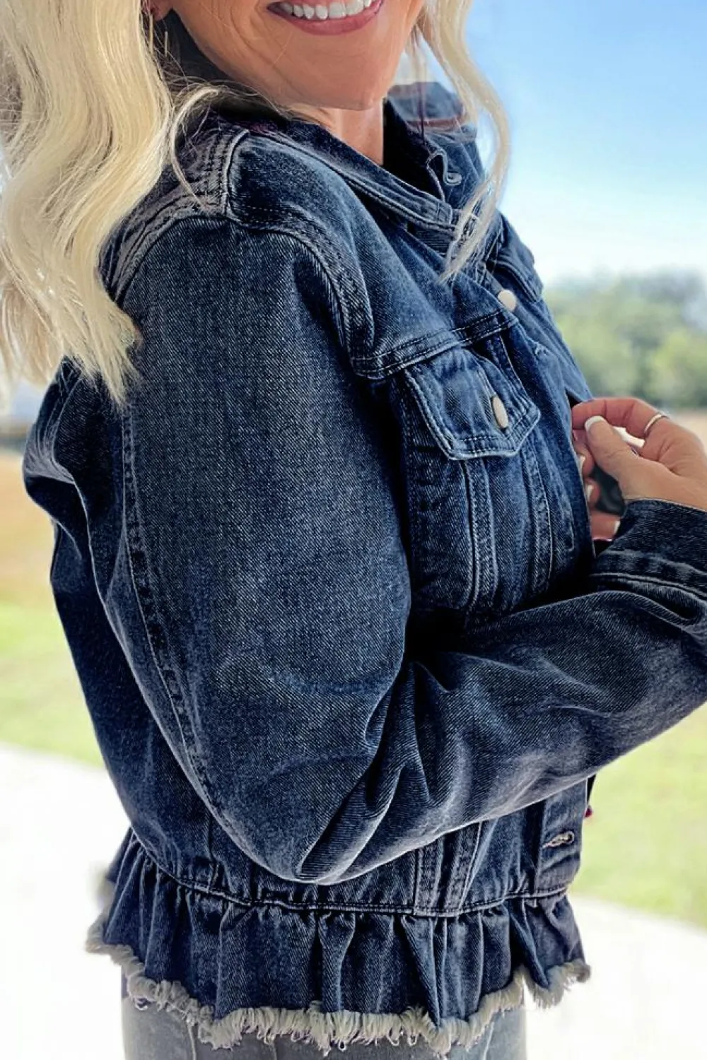 Hot Dear-Lover Ruffle Raw Hem Flap Pockets Denim Jacket Navy Blue