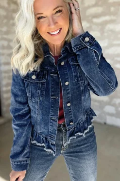 Hot Dear-Lover Ruffle Raw Hem Flap Pockets Denim Jacket Navy Blue