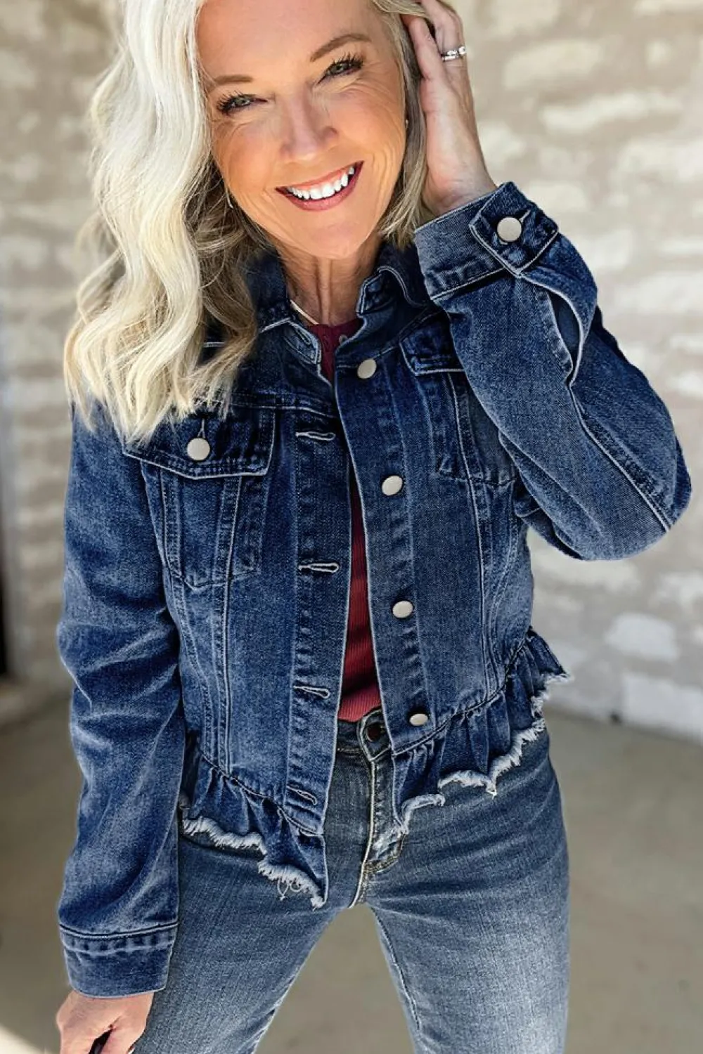 Hot Dear-Lover Ruffle Raw Hem Flap Pockets Denim Jacket Navy Blue