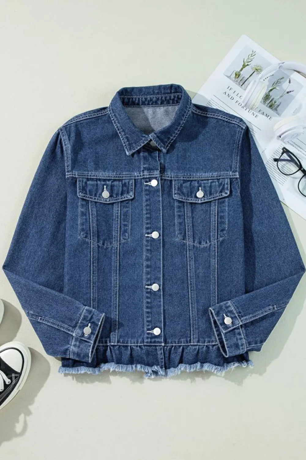 Hot Dear-Lover Ruffle Raw Hem Flap Pockets Denim Jacket Navy Blue